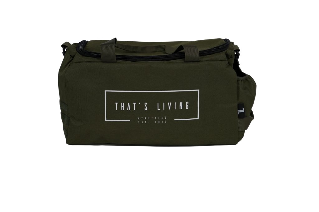 The TRIARC Duffle Bag - Olive features black handles and a white rectangular logo on the front that says "THAT'S LIVING" and "ATHLEISURE EST. 2021".